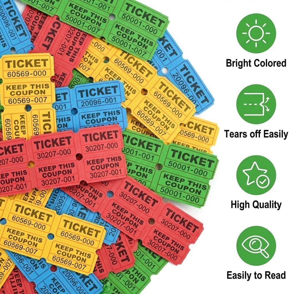 4000 Pairs Double Raffle Tickets – 4 Assorted Colors (Pink, Blue, Red, Purple) –