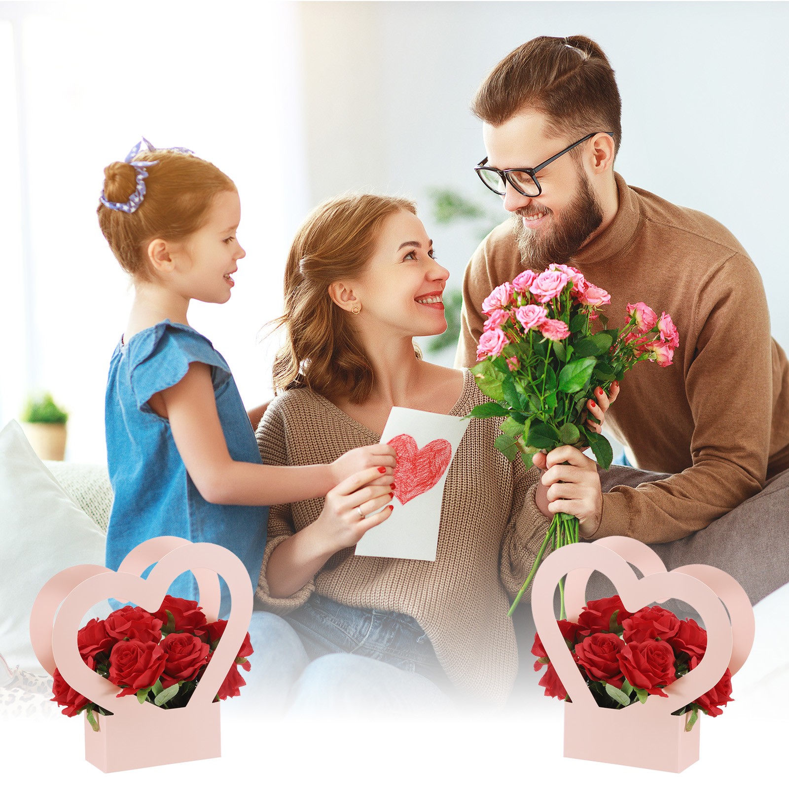 Heart Shaped Flowers Boxes, 12 Pack Bouquet Gift Bags with Handle for Wedding