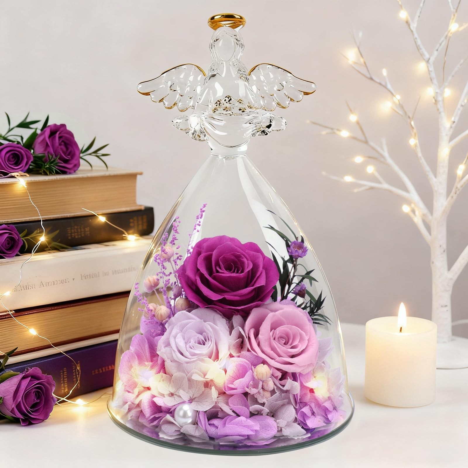 Christmas Rose Gifts for Women, 7″ Purple Preserved Roses Flowers in Glass An…