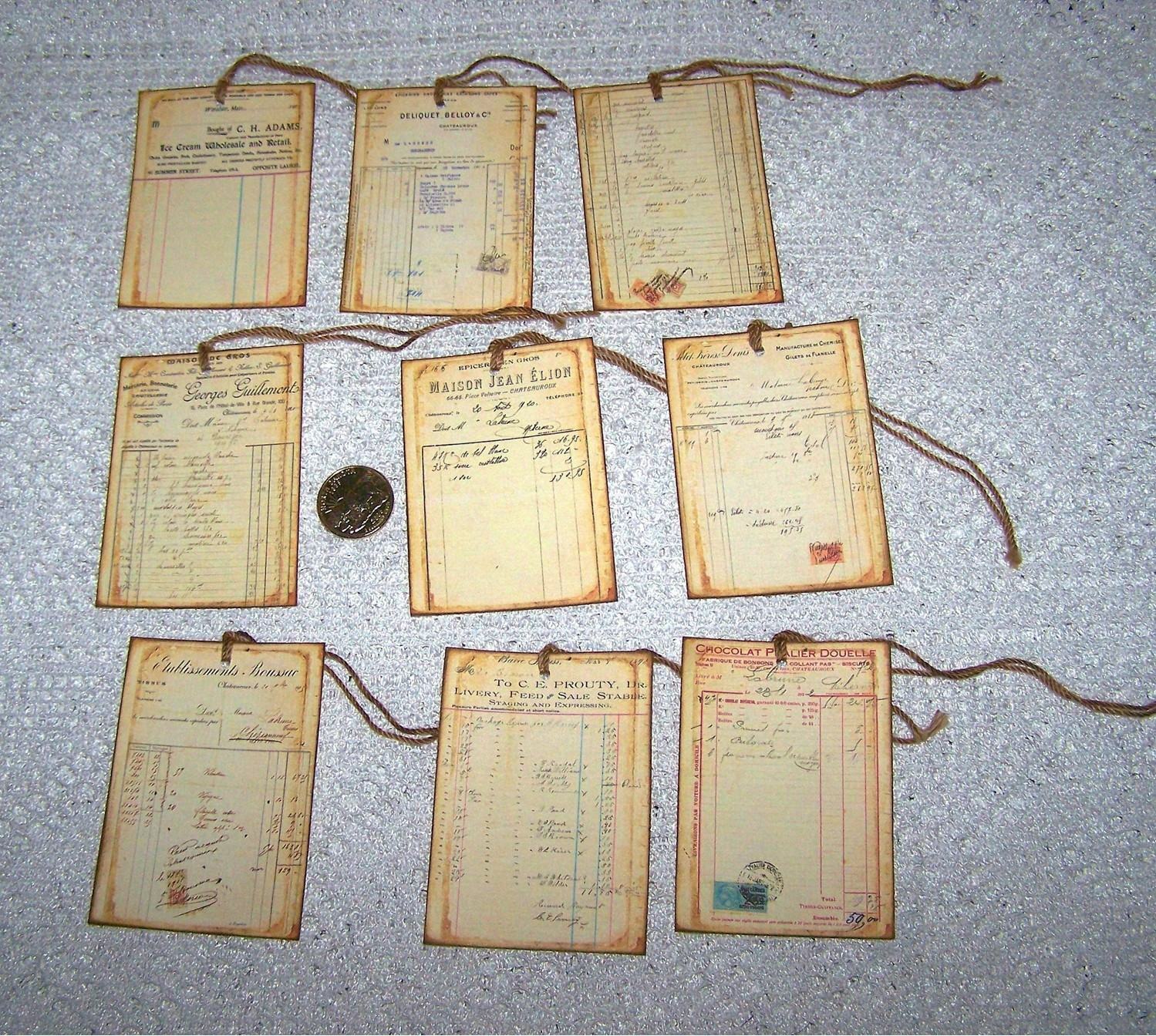 9-Vintage~French~Invoices~Junk Journal~Ephemera~Linen Cardstock~Gift~Hang~Tags