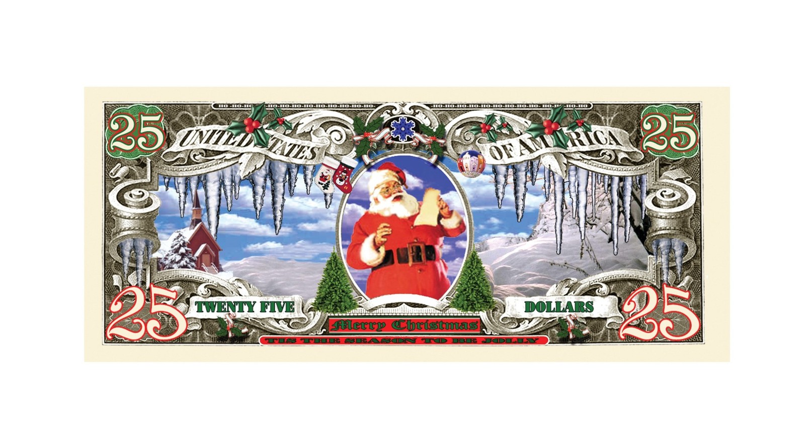 10 TOTAL – Santa Claus Merry Christmas $25 Dollar Novelty Play Money Gift Bills