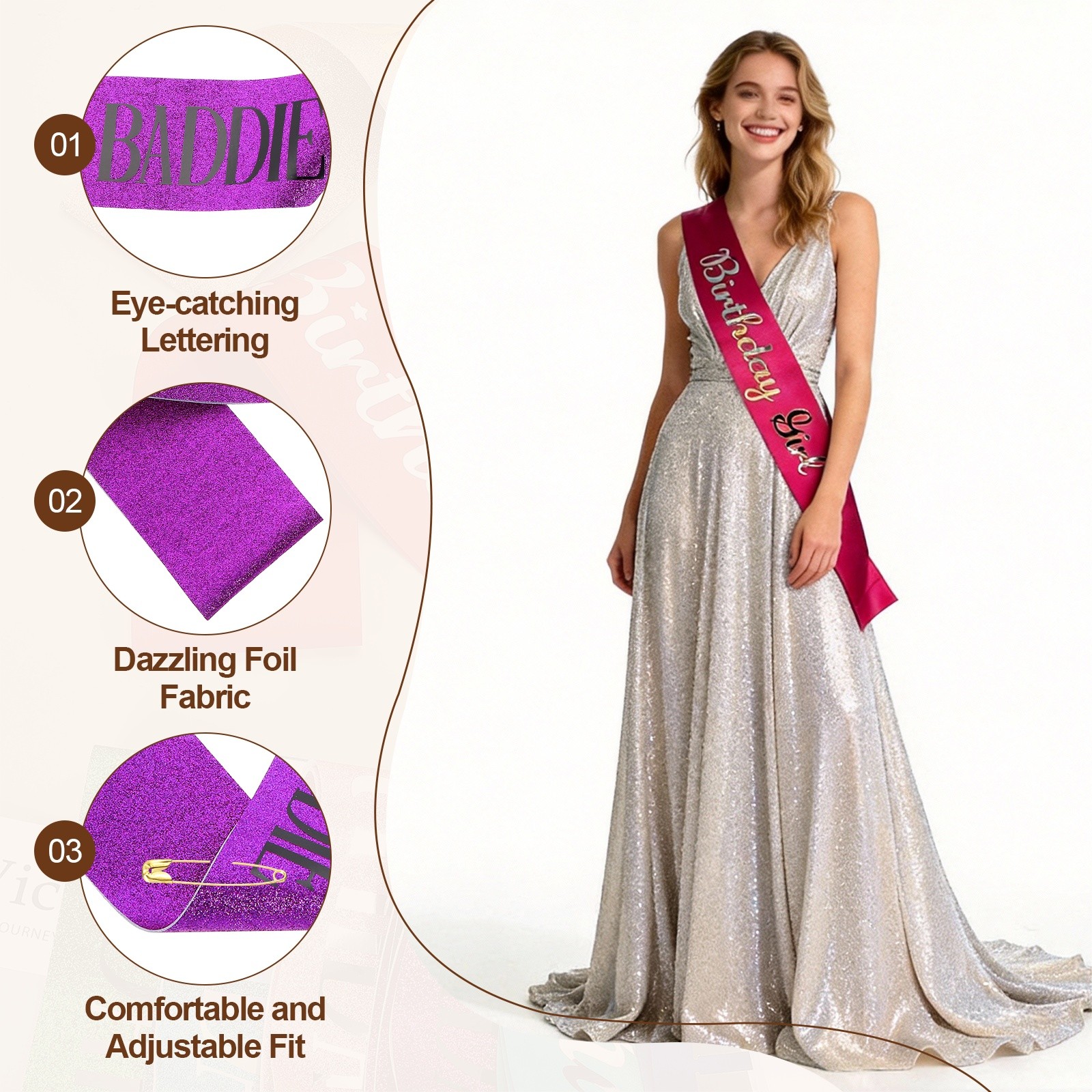 Purple Birthday Baddie Sash with Pin Black Foil Lettering for Party