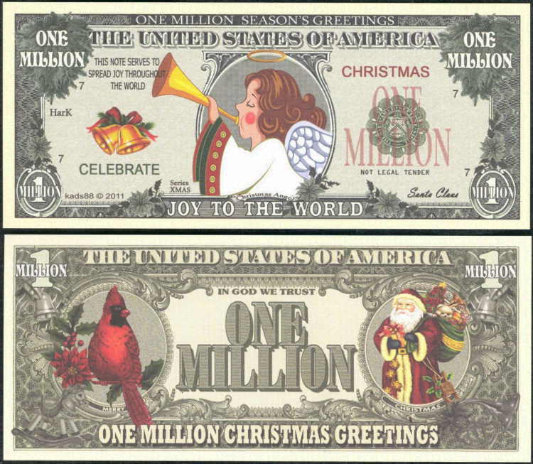 100 Christmas Bills Santa, Reindeer, Angel, Snowmen, Tree, Stocking stuffers