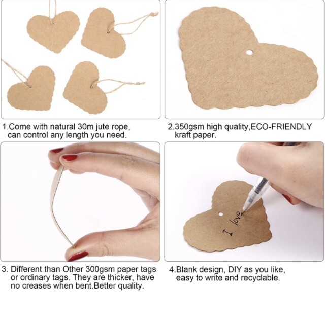 100 PCS Gift Tags with 100 Feet Natural Jute Twine Heart