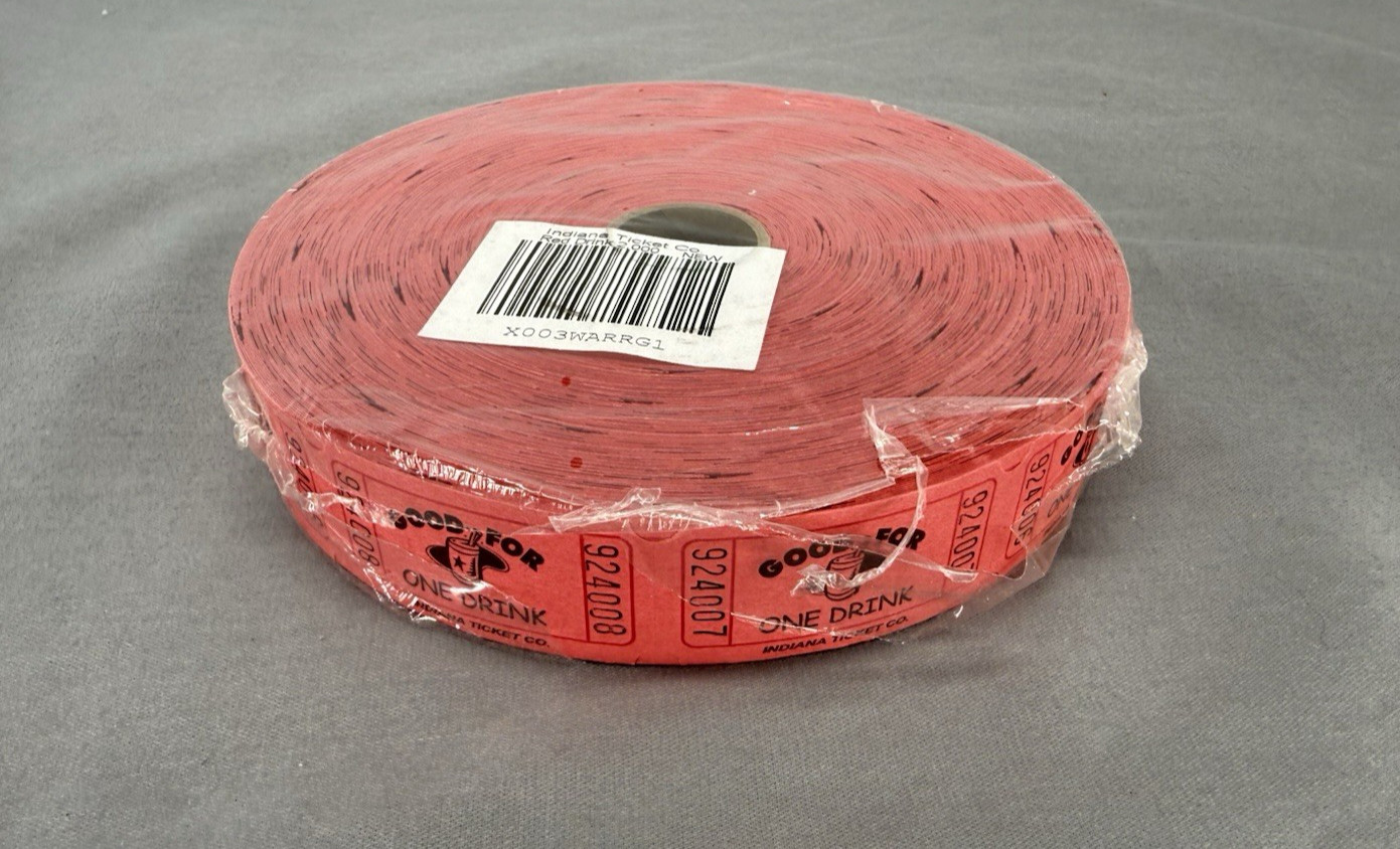 GOOD FOR ONE DRINK Single Tickets Stub Roll of 2000 Red Color Numbered NEW