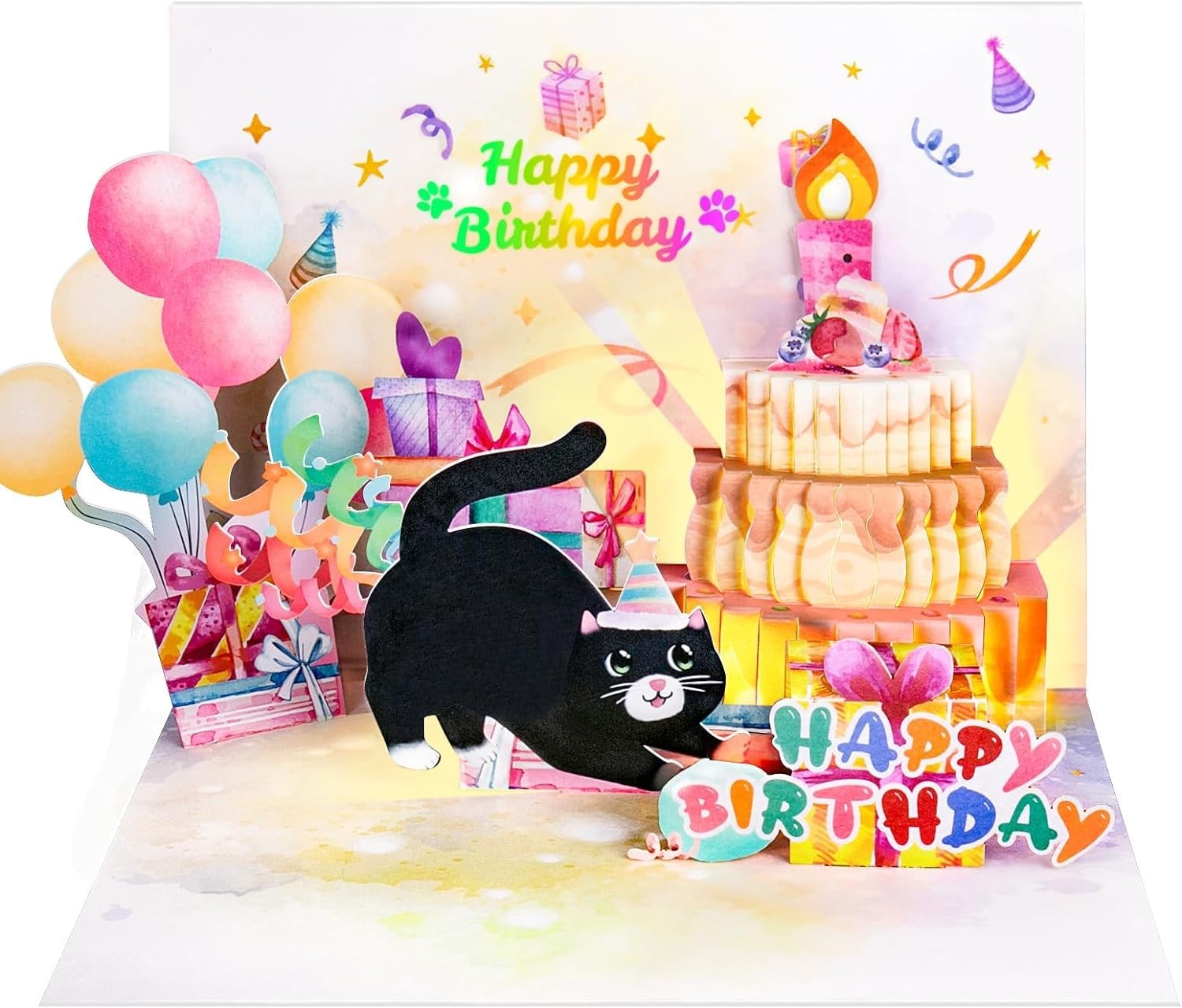 FITMITE Birthday Cards, Cute Cat MUSIC & LIGHTS 7.8 inches x 5.9 inches, pink