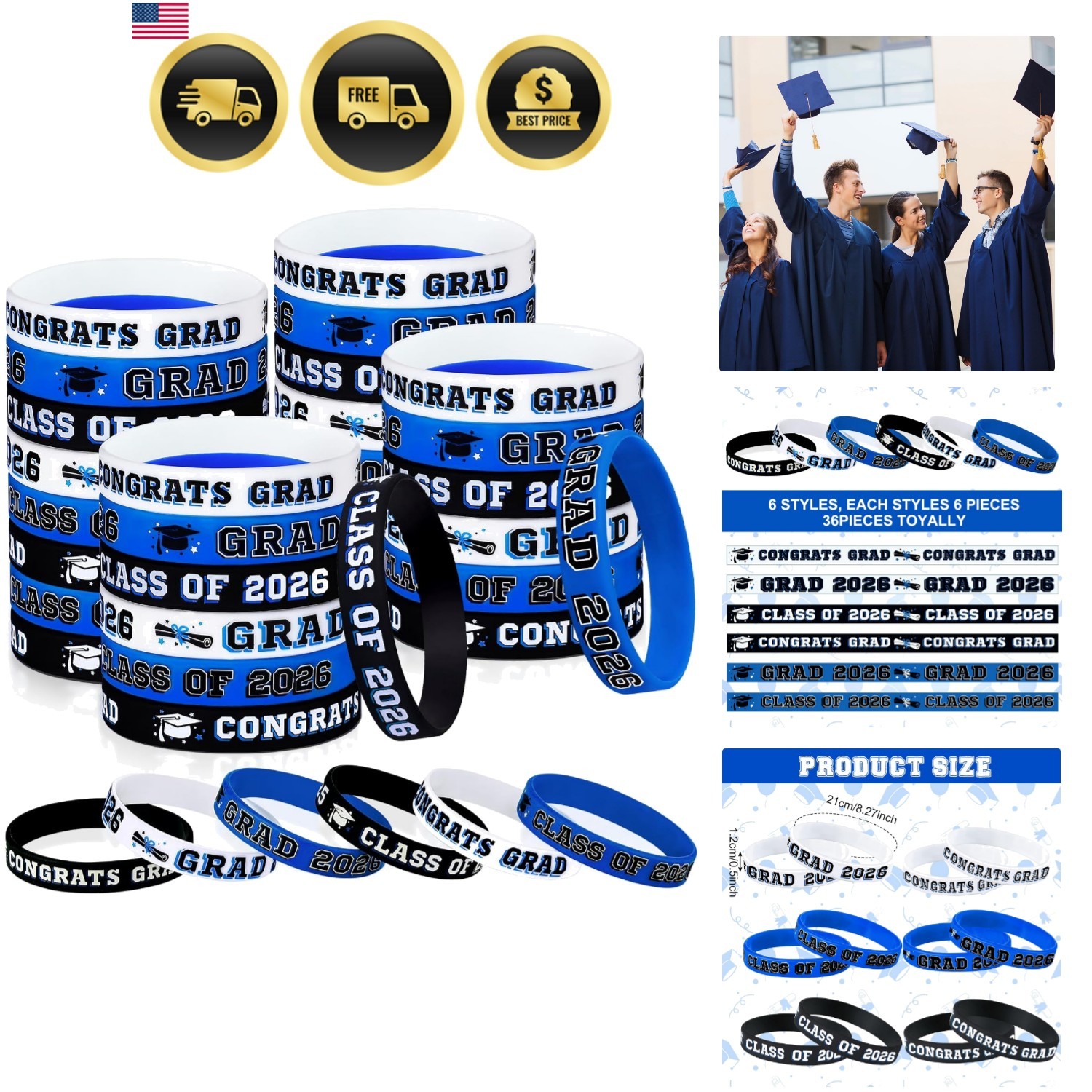 36 Pieces Class of 2026 Silicone Bracelets Silicone Graduation Bracelets Cong…