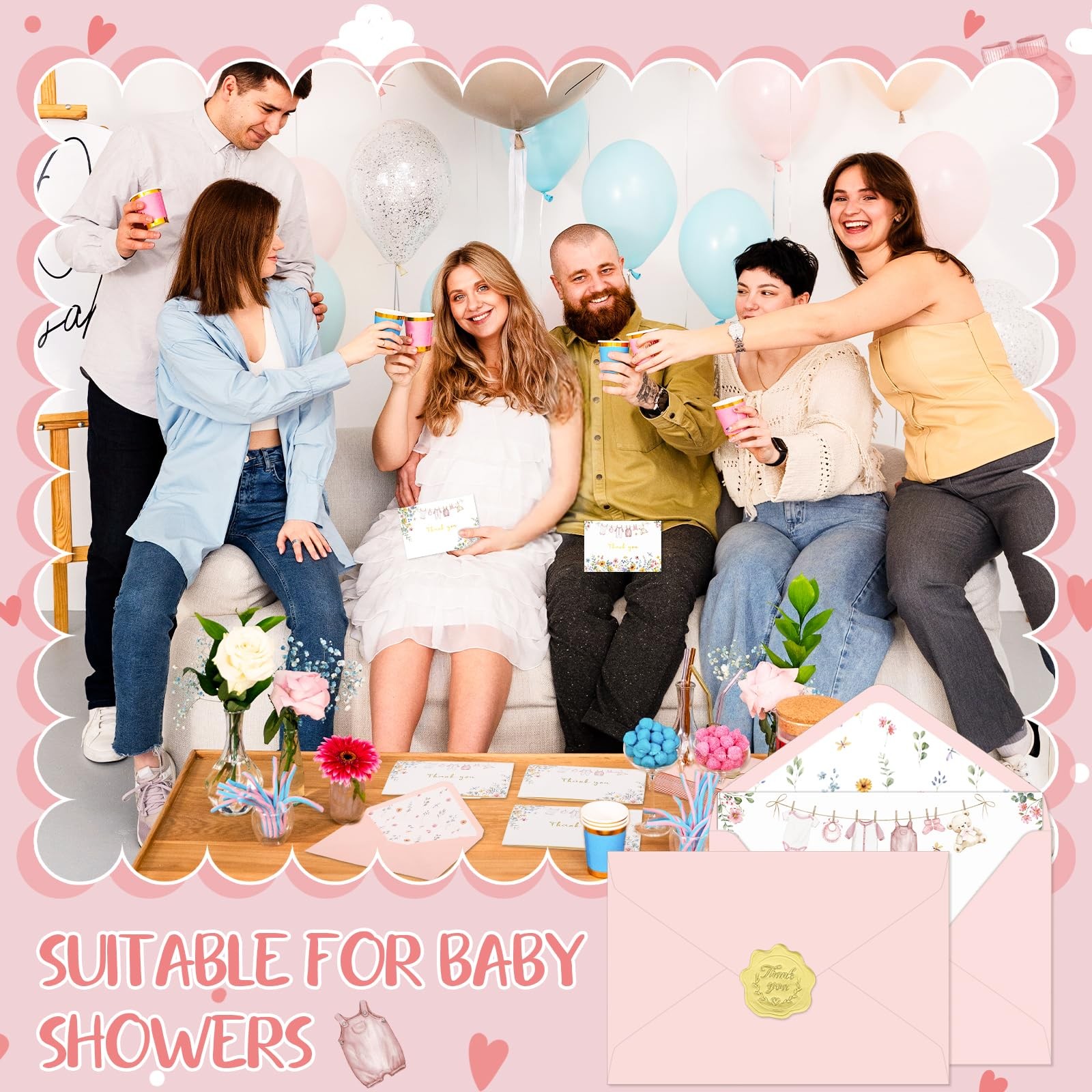 Thboxes 50 Pack Pink Baby Shower Thank You Cards with 6 x 4 inches,
