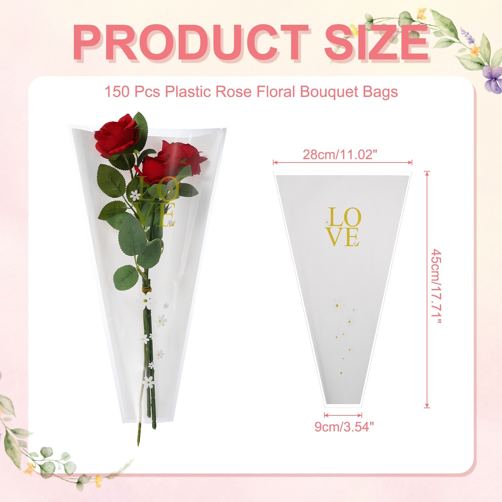 150 Pcs Plastic Rose Floral Bouquet Bags 17.7″ Flower Sleeves Bags, White