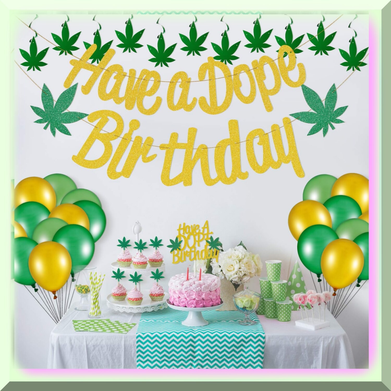 Pot Leaf Party Decorations with Banners Toppers Swirls Balloons