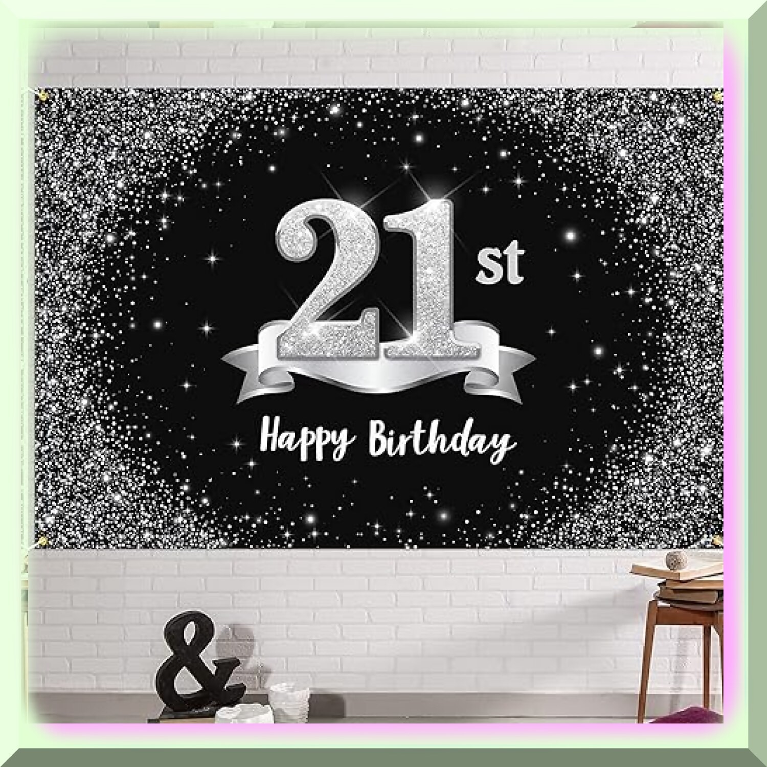 21st Birthday Sparkling Black Silver Backdrop