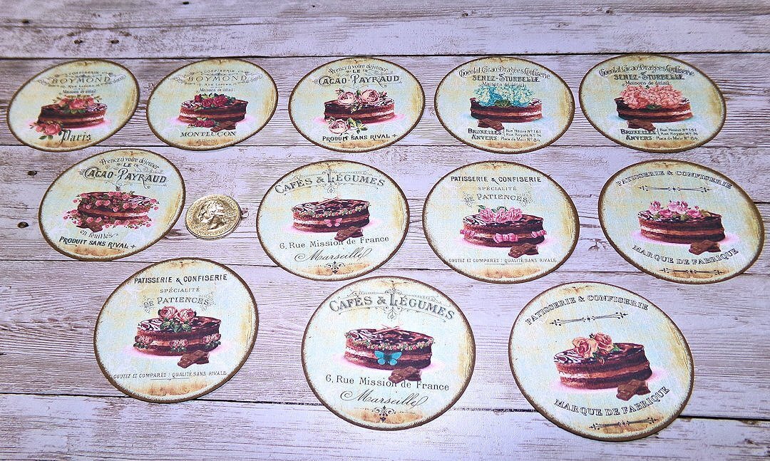 12~Vintage~French Patisseries~Cakes~Linen Cardstock~Circle~Stickers