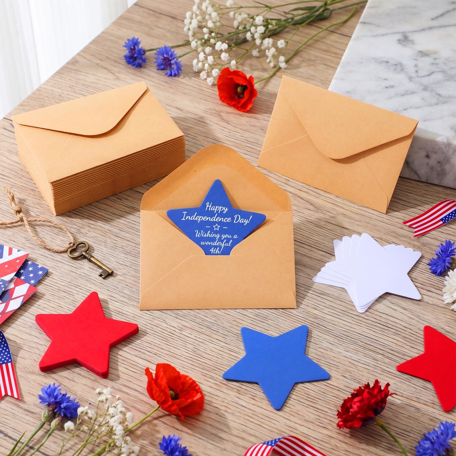 50 Sets 4th of July Star Cards, Patriotic Red White Blue Star Shaped Blank Note