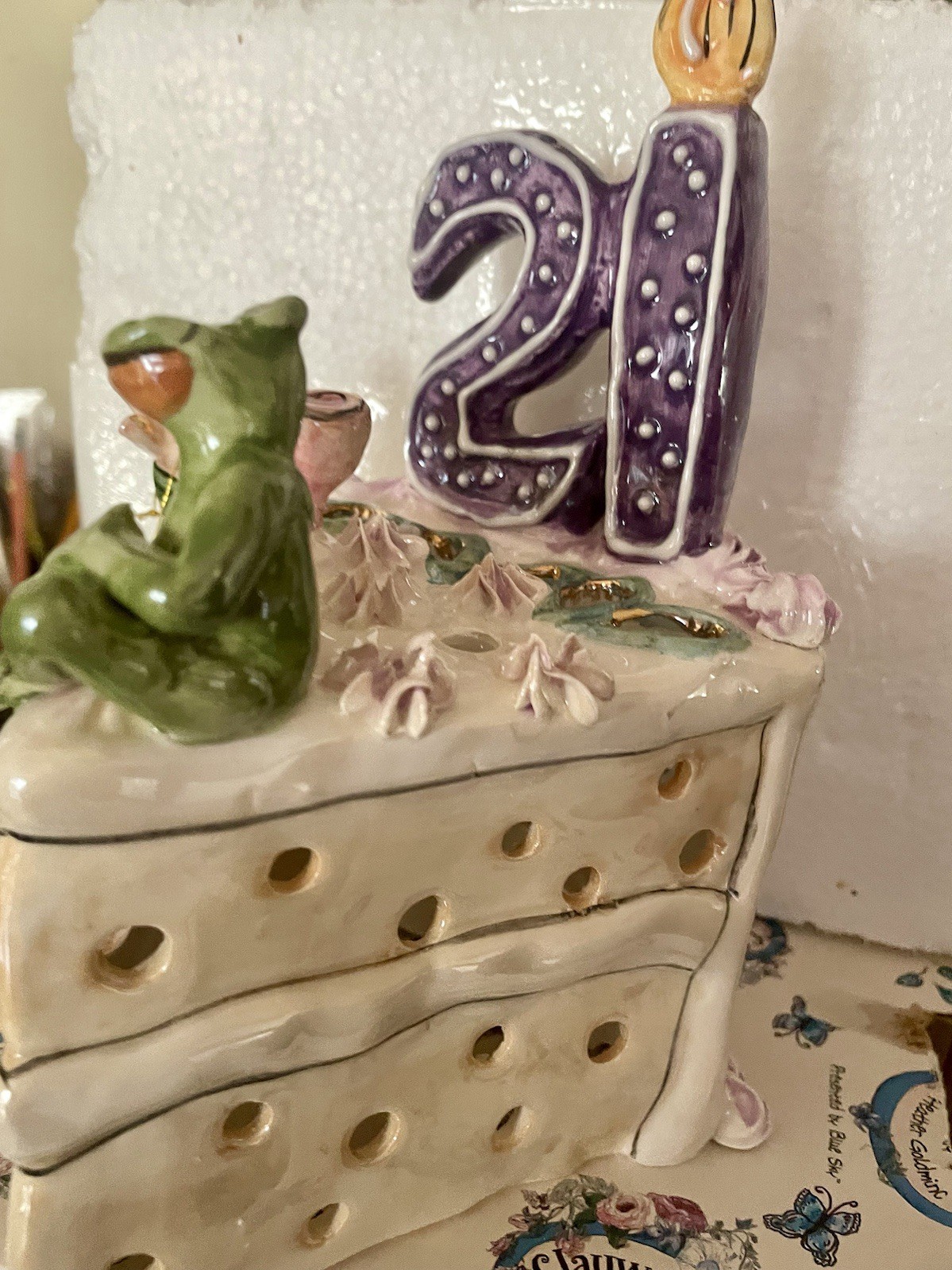 Ceramic 21st Birthday Cake Topper! Plated Froggy on a cute cake slice toasting!