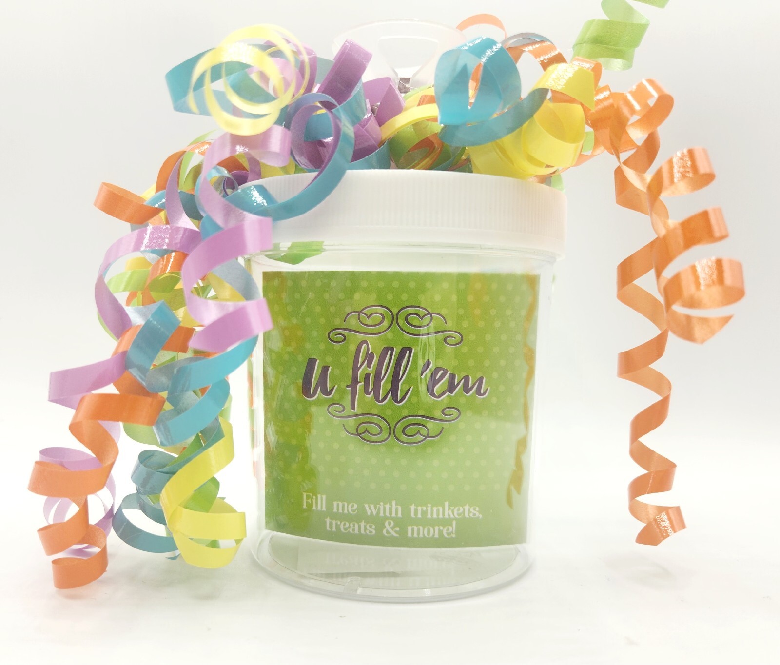 U Fill Em Party Trinket Container w/ Curly Ribbons, Balloon Holder, BRAND NEW