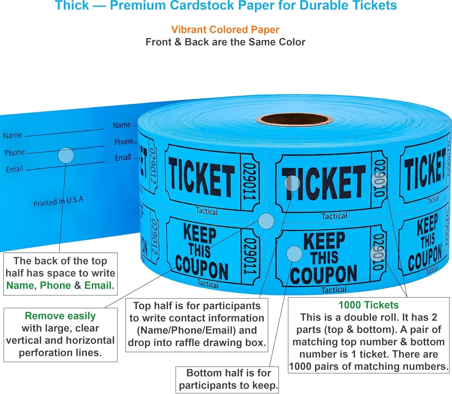 1000 Raffle Tickets, 50/50 Double Roll, Blue | 8 Color Options, Cardstock, C…