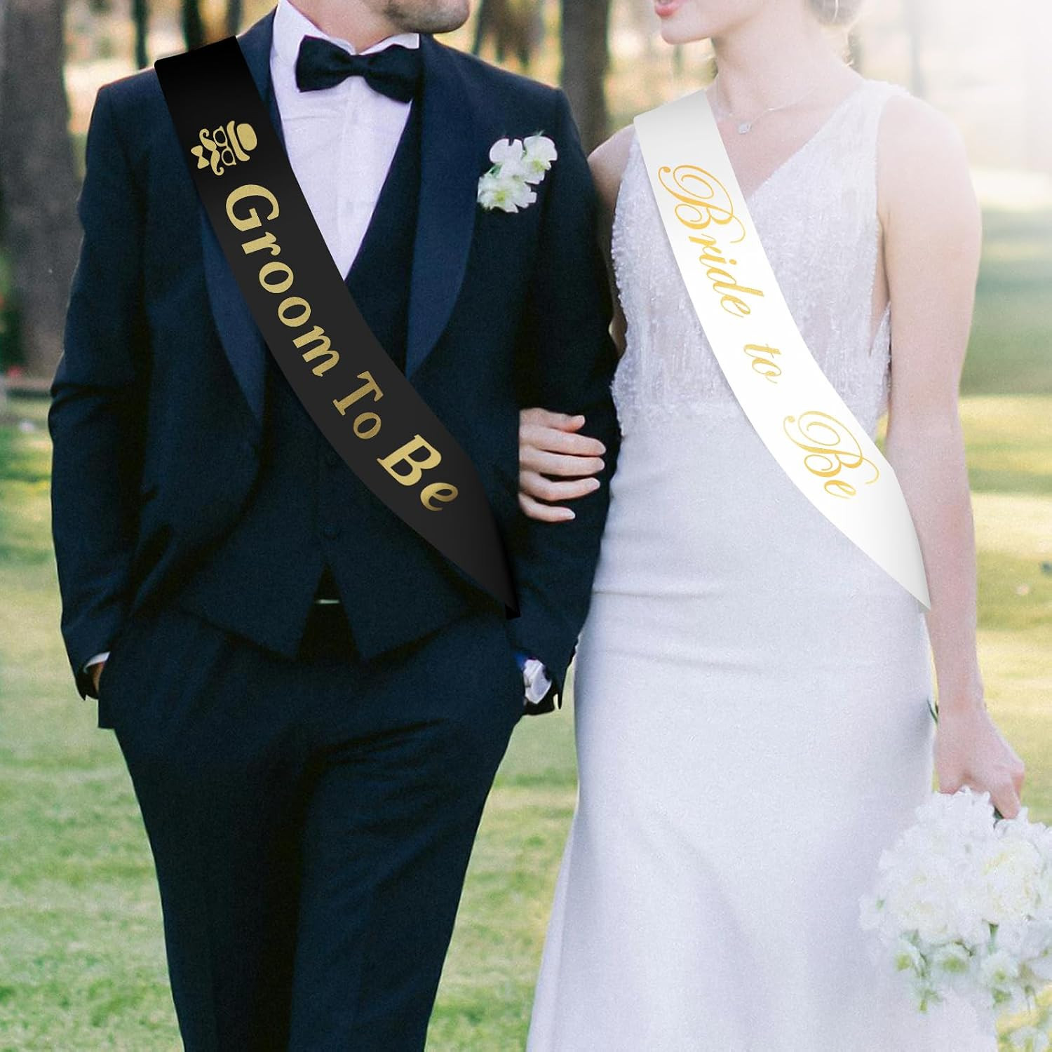 2 Pack Bride to Be and Groom to Be Sash with Gold Foil Lettering, Satin