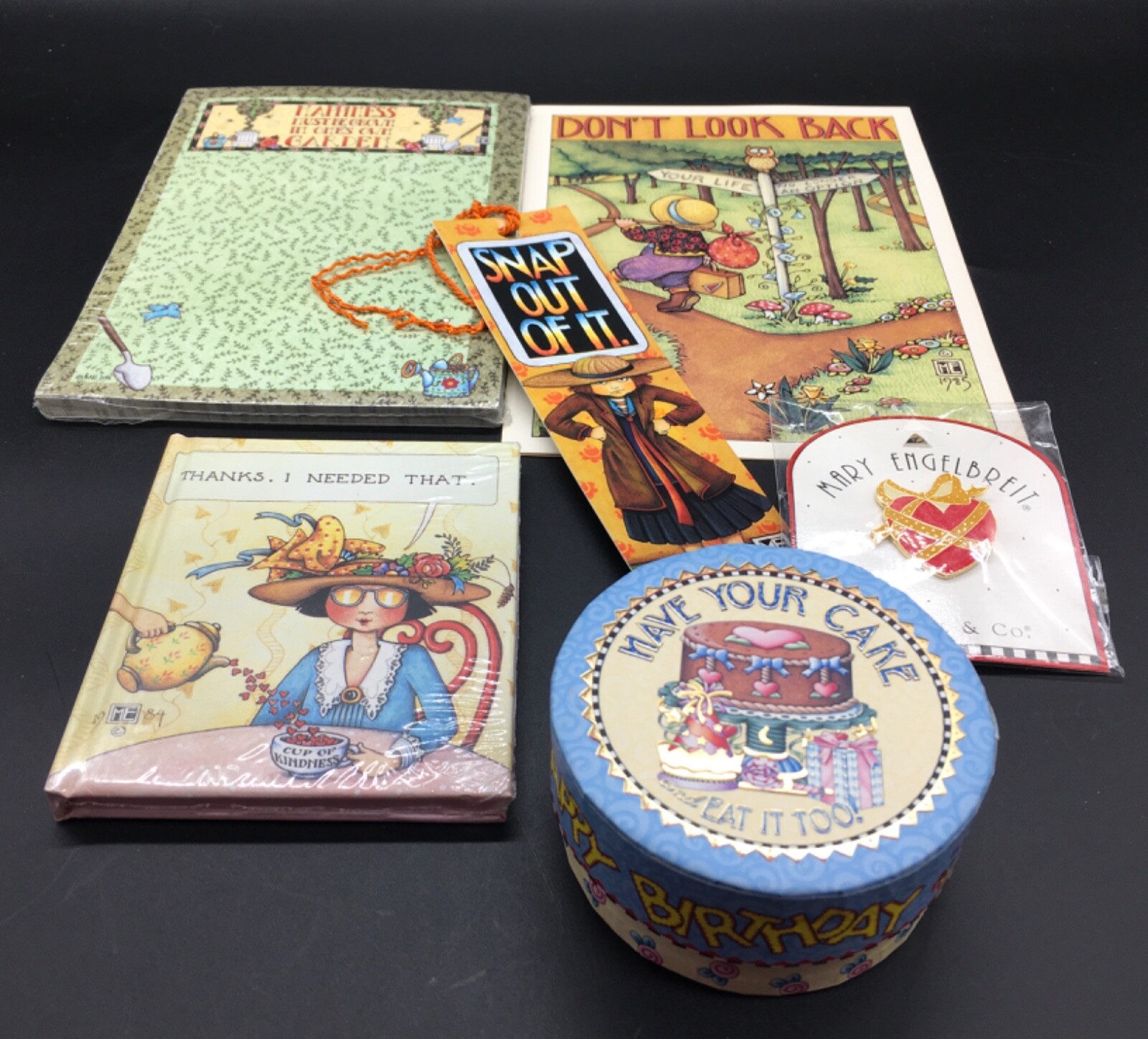 Mary Engelbreit lot 6 items lapel pin mini book notepad greeting card small box