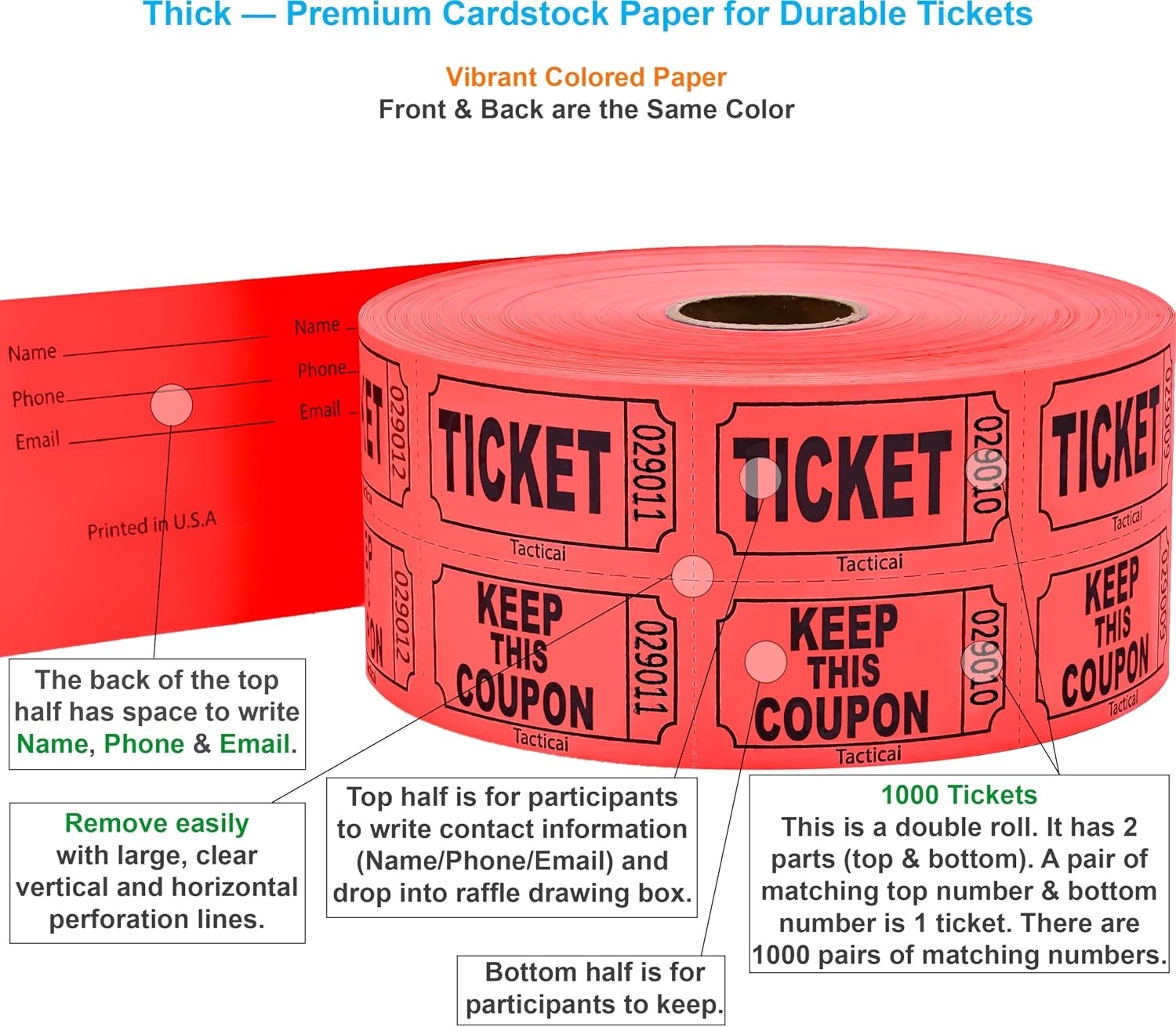 1000 Raffle Tickets, 50/50 Double Roll, Red | 8 Color Options, Cardstock, Cl…