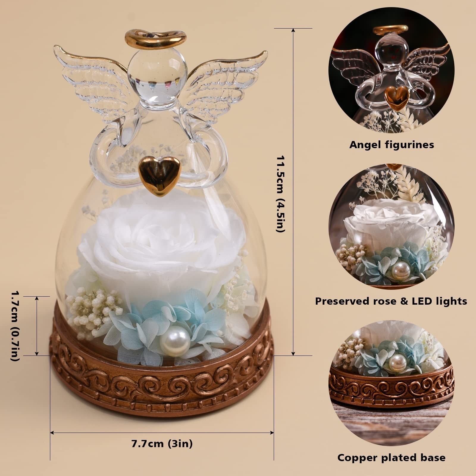 Preserved Real Rose in Glass Angel Figurine with LED Light, Angel Gifts for W…