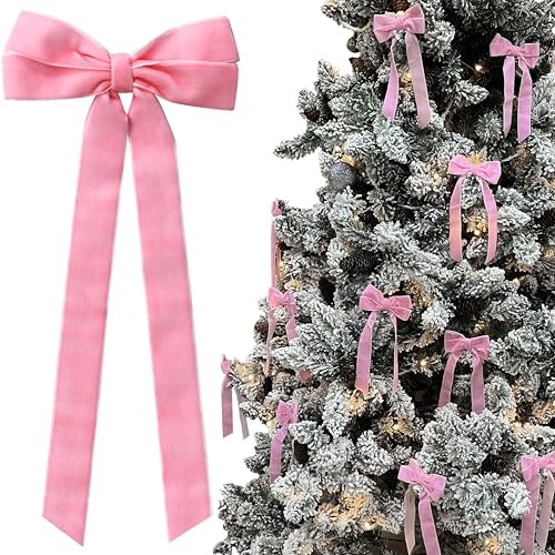 12Pcs Velvet Bows Christmas Tree Decorations,5in x 10in Xmas Ornaments for Pink