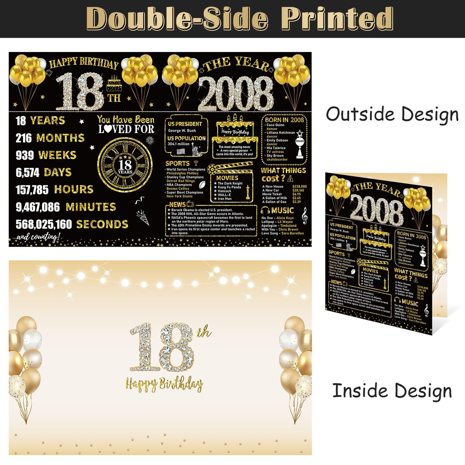 Kuxriox Large 18th Birthday Card With Envelope, Extra large, Black gold