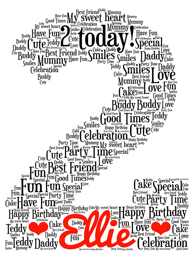 PERSONALISED Second 2nd Birthday Present Print wordart greeting poster gift