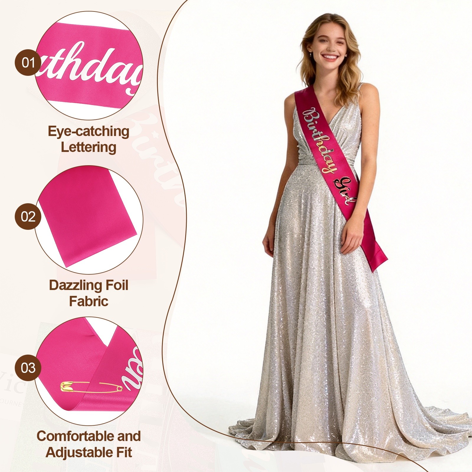 Birthday Queen Sash with Pin Silver Foil Lettering for Birthday Party, Rose Red