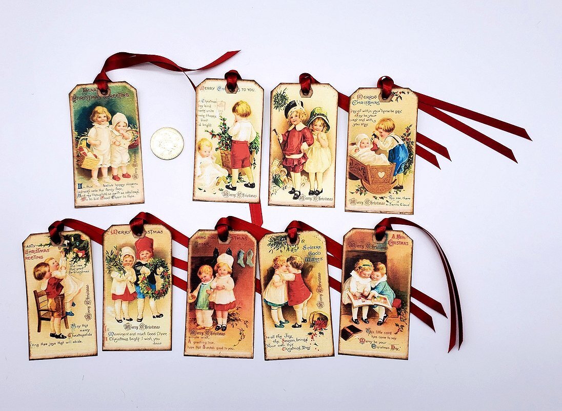 9-Christmas-Vintage-Holiday-Children-Linen Cardstock-Gift-Hang-Tags