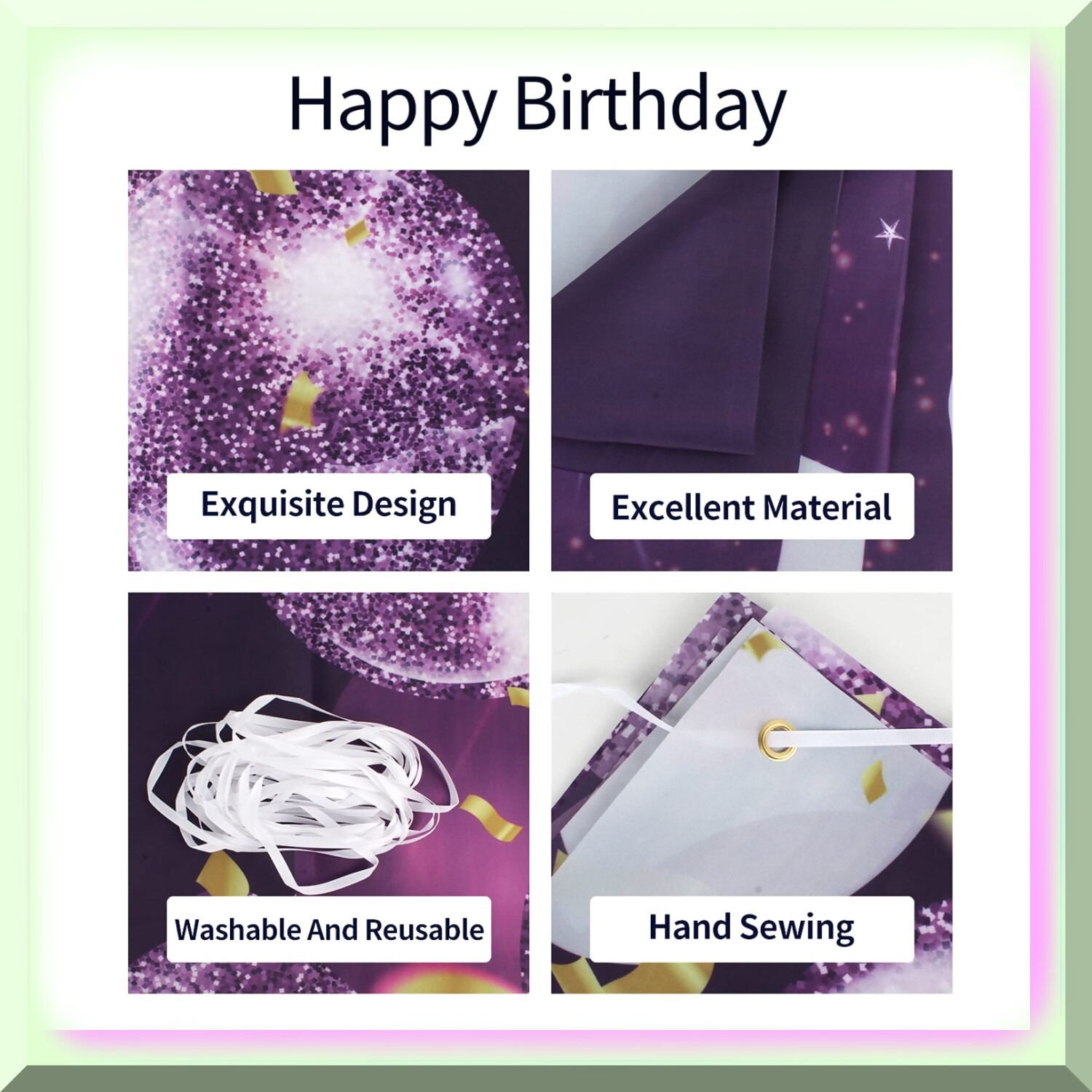 Purple 10th Birthday Party Backdrop Banner with Ribbon