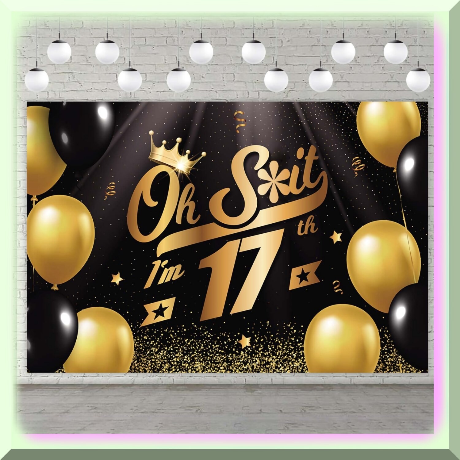 Seventeen Sparkle Fiesta Black Gold Balloon Confetti Backdrop