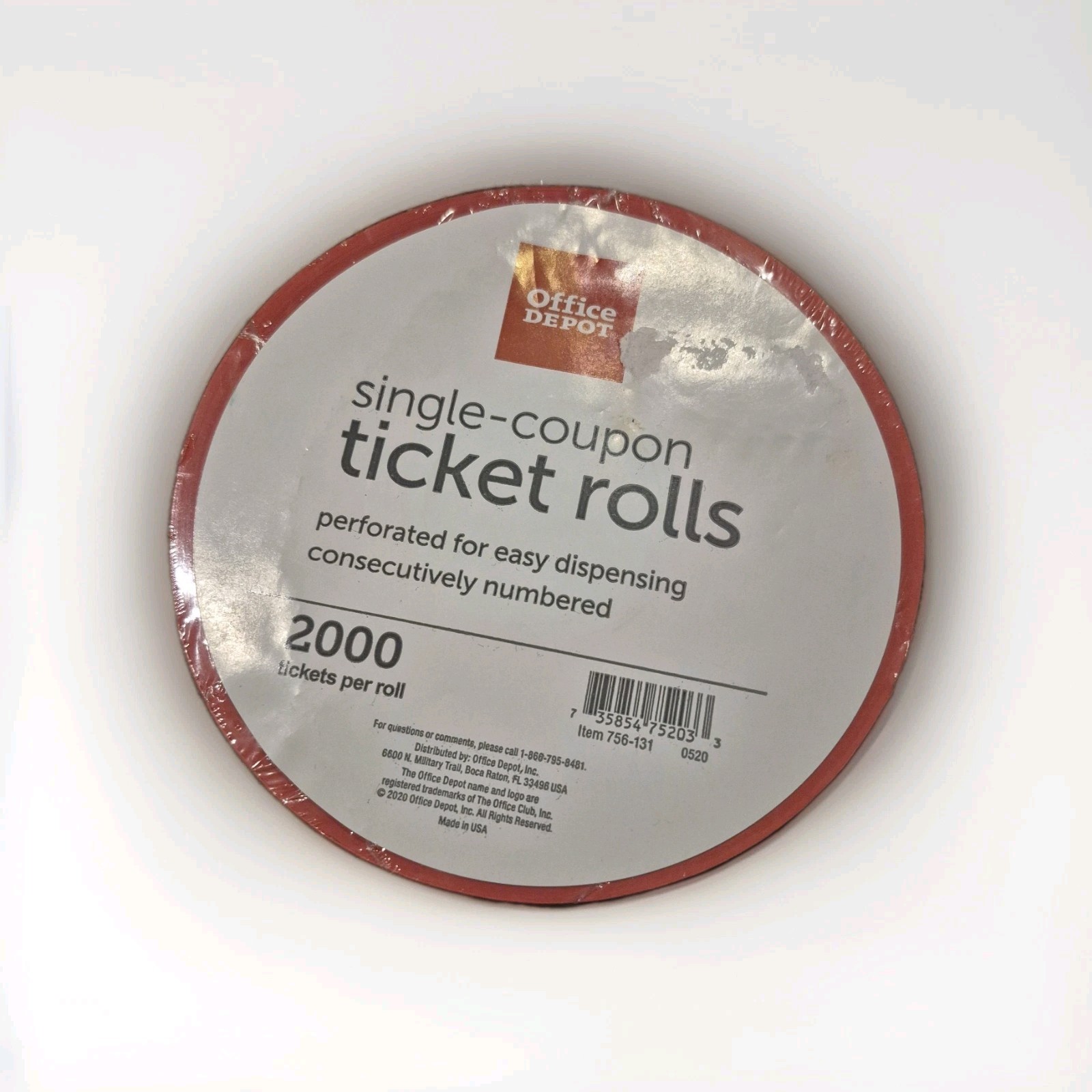 Raffle Ticket Roll of 2000 Tickets Red Single Coupon Ticket Roll 756-131