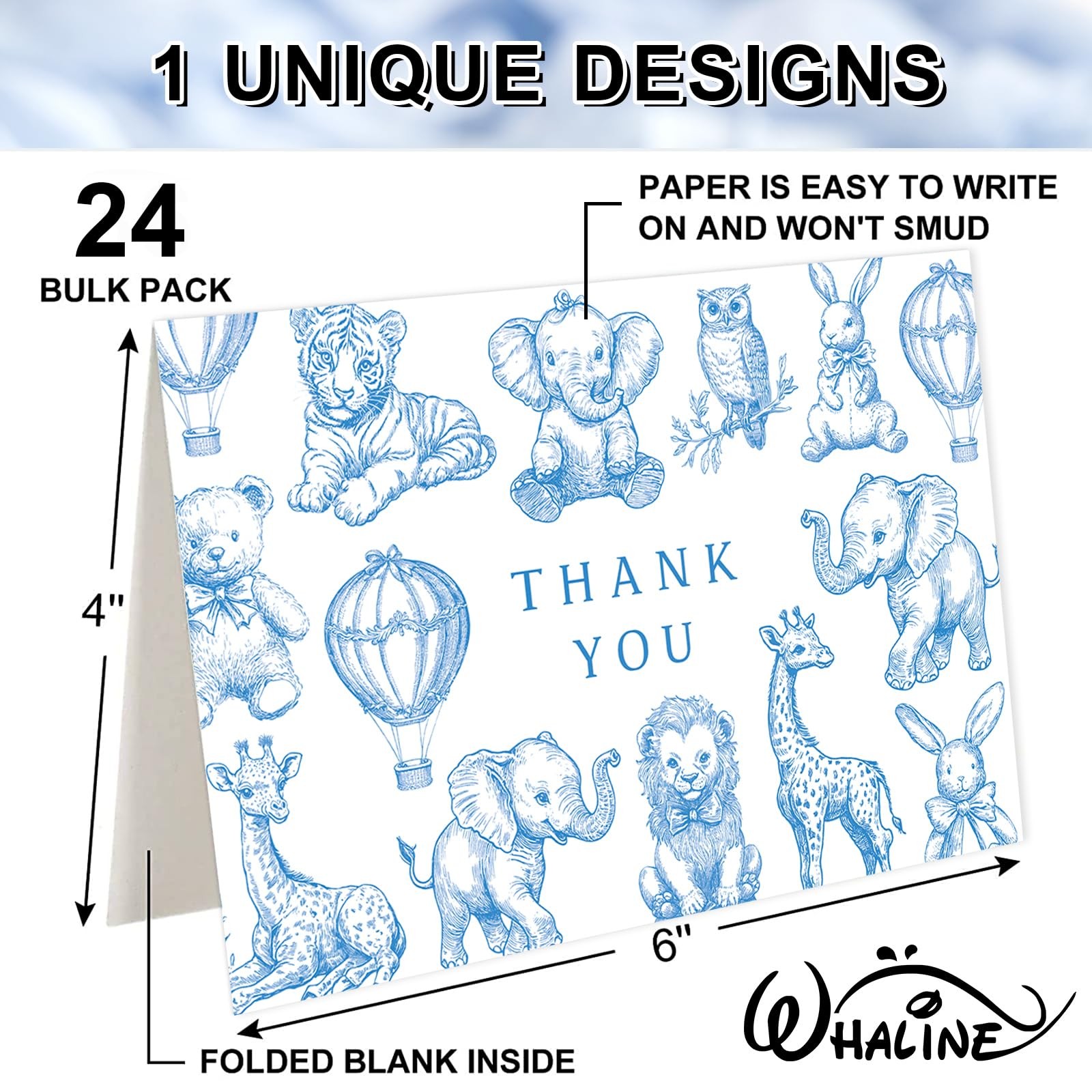 Whaline 24 Pack Baby Shower Thank You Card Cute Blue White 4 x 6 inch,