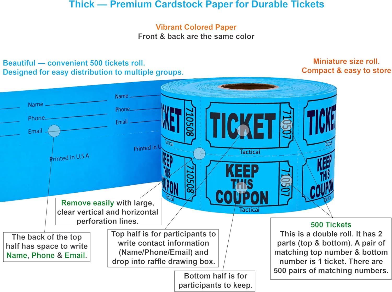 500 Raffle Tickets, Blue (1 of 8 Colors), Double Roll, Ticket for Events, Entry,