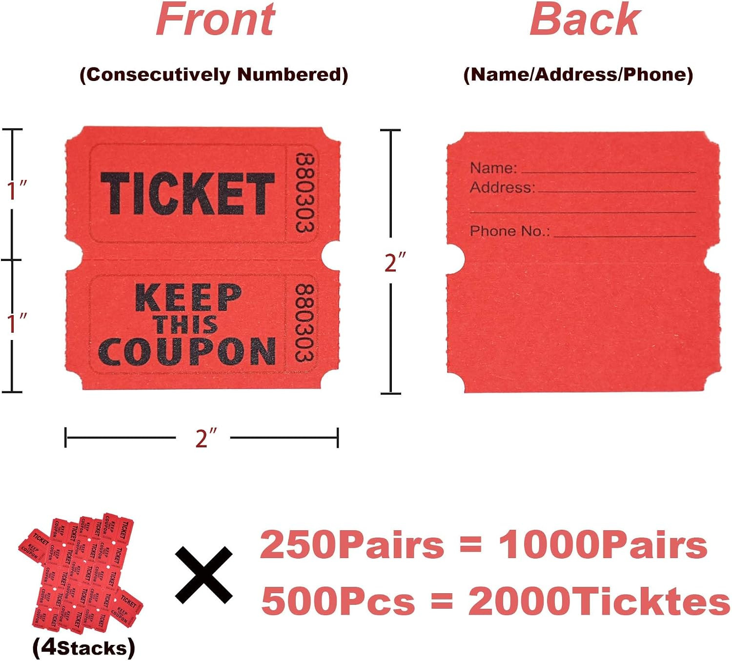 Homrelaxy 2000 Pcs 1000 Pairs Raffle Tickets, 50/50 Double Raffle Tickets, 250
