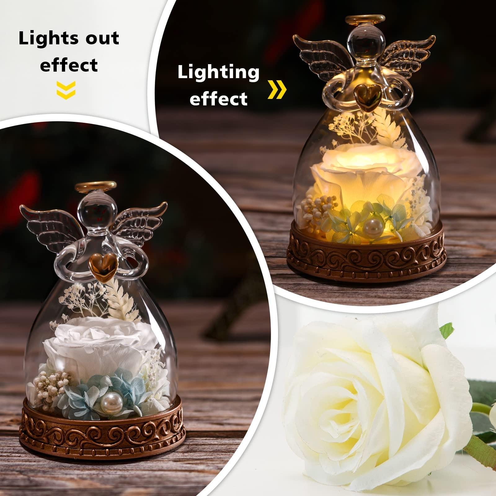 Preserved Real Rose in Glass Angel Figurine with LED Light, Angel Gifts for W…