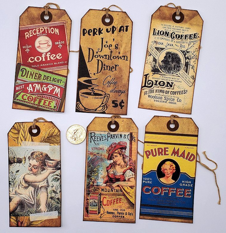 6-Vintage-Coffee-Ad-Junk Journal-Ephemera-Linen Cardstock-Hang-Tags