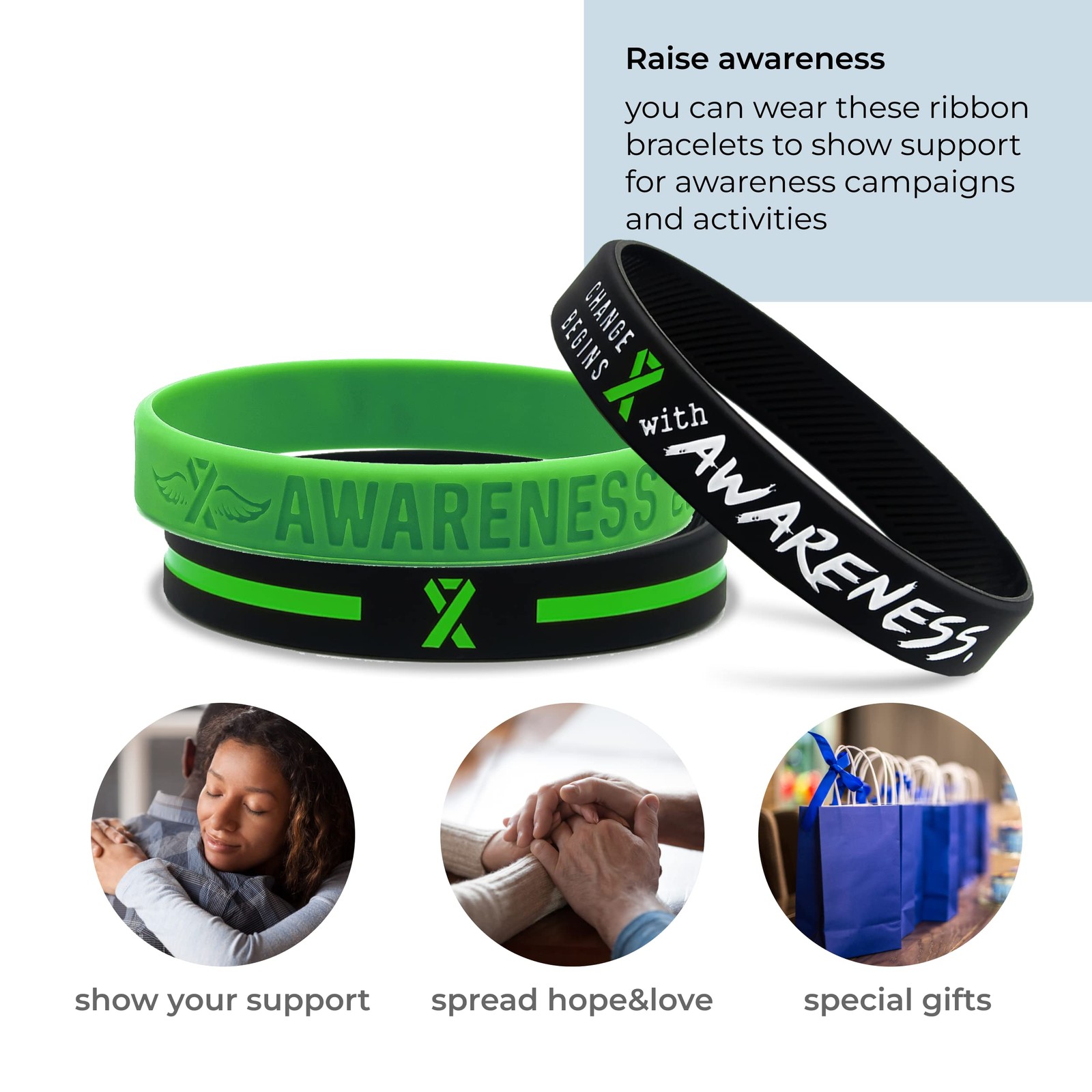 Green Awareness Ribbon Bracelets, Variety Pack – Wholesale Pack of 12 Silicon…