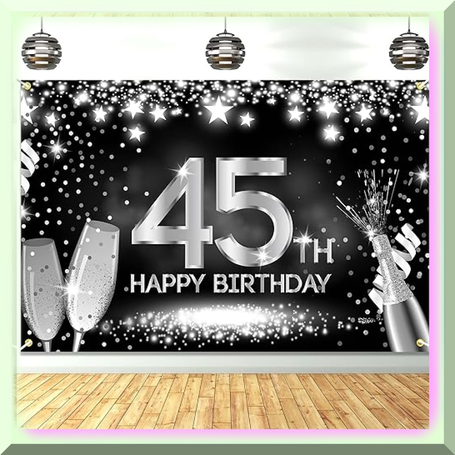 Silver 45th Birthday Celebration Backdrop 6×4 ft Polyester