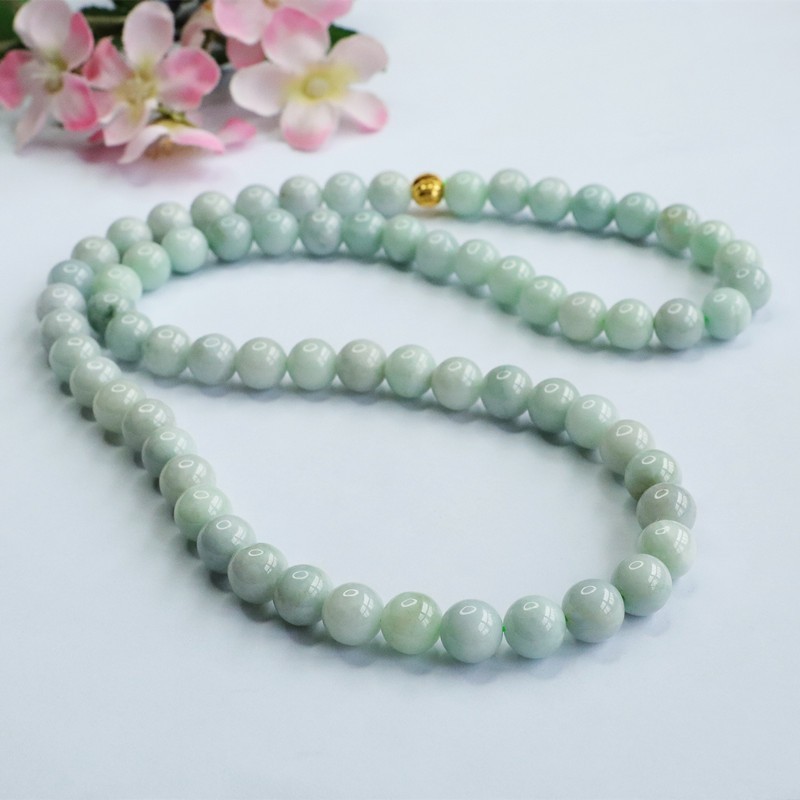 Natural Genuine Light Green A Jade Jadeite Round Beads Necklace 45cm