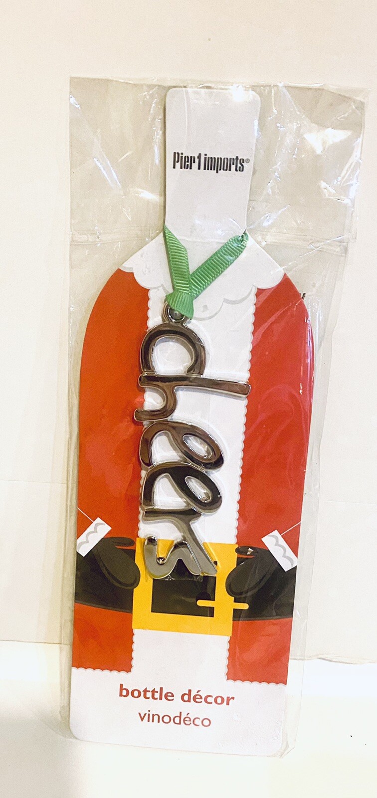Pier 1 Christmas Cheers Expression Wine Bottle Decor Silver Tag Ribbon NWT 4”