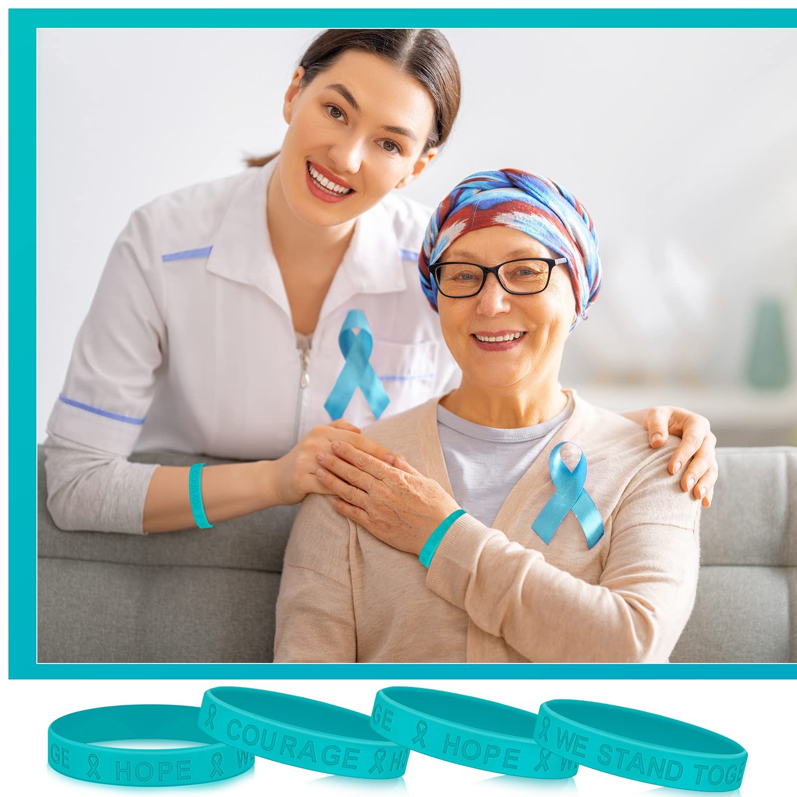 Kigeli 100 Pcs Ovarian Cancer Awareness Teal Ribbon Awareness Silicone Wristb…