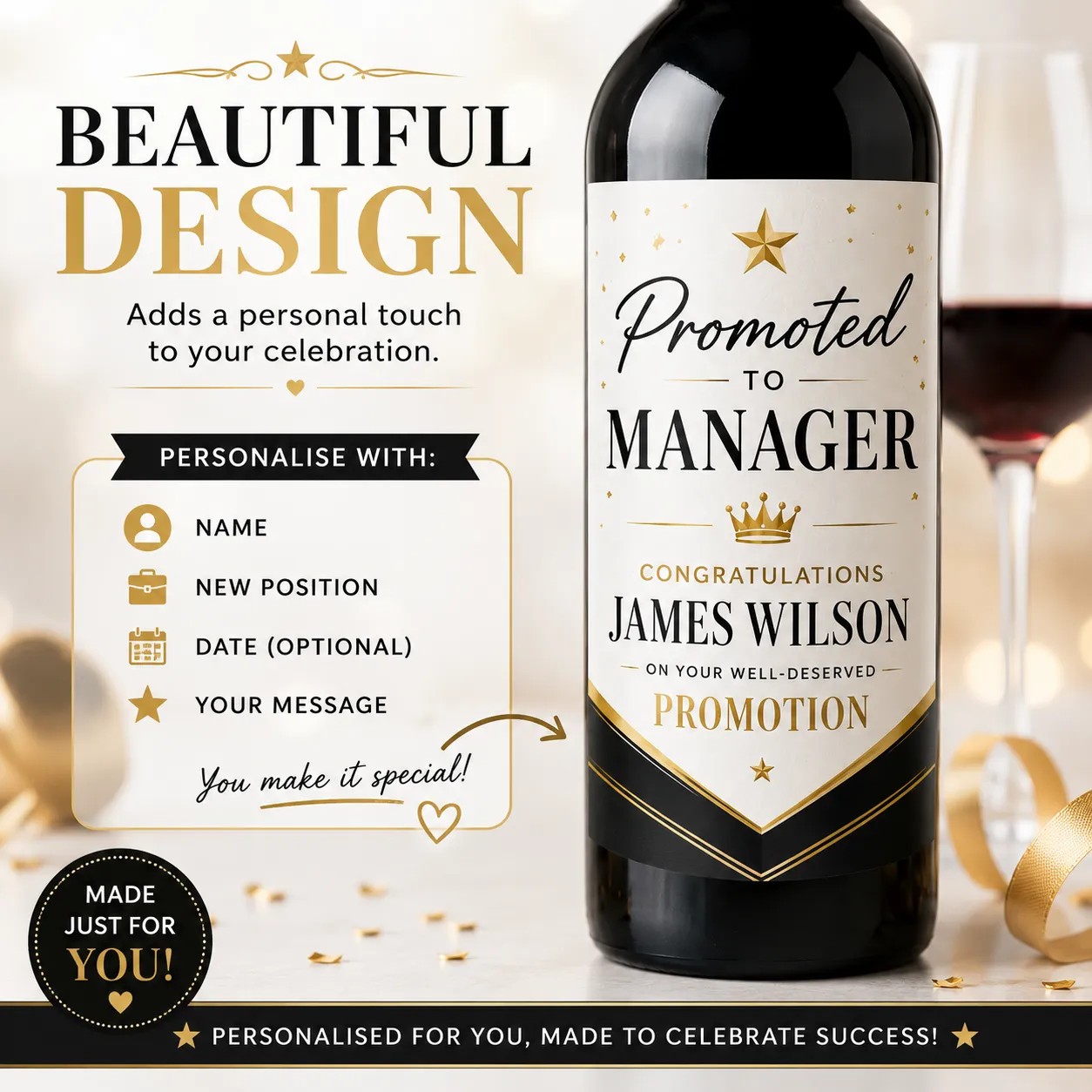 Personalised Promotion Bottle Label Sticker Custom Congratulations Wine Gift