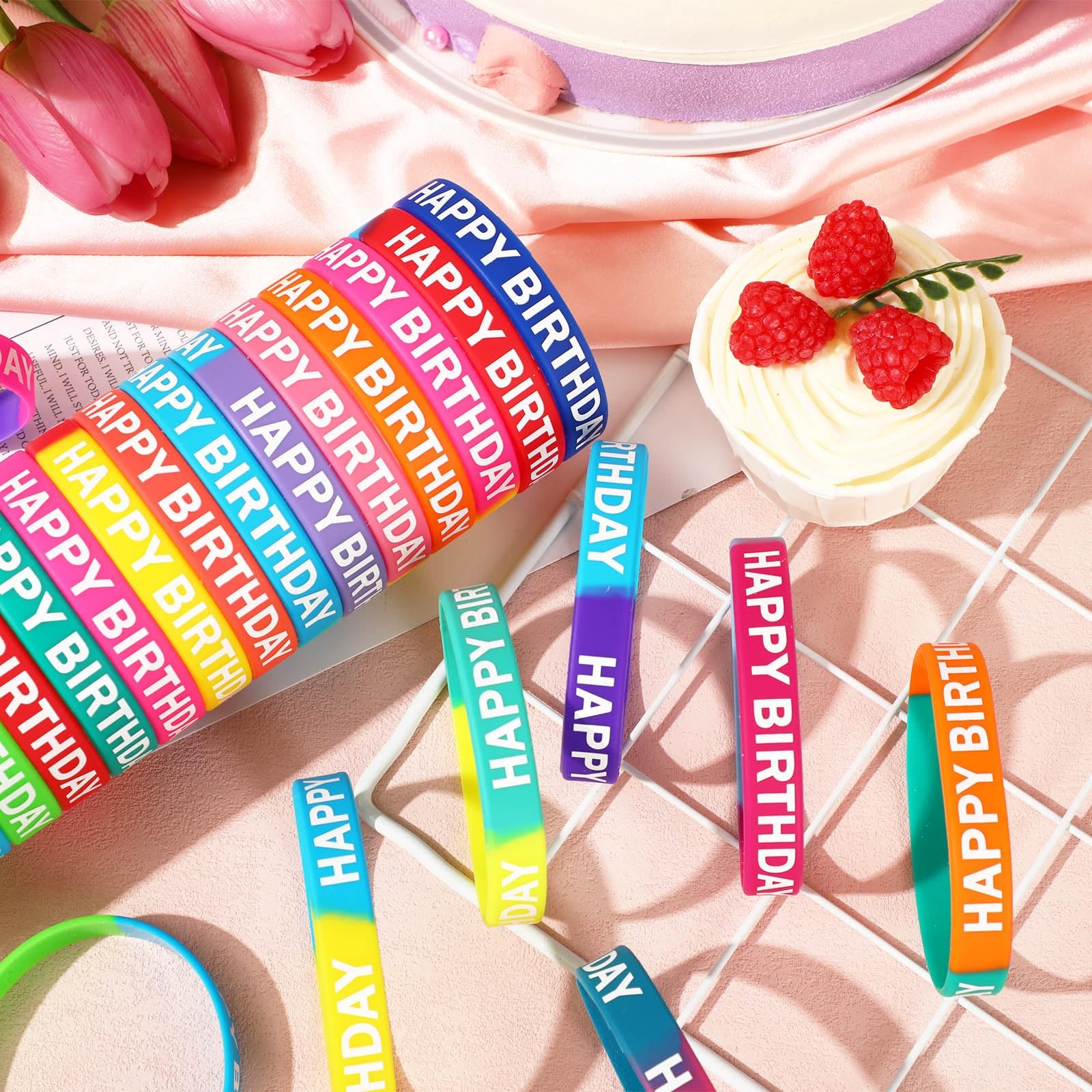 42pcs Happy Birthday Silicone Bracelets Colored Rubber Wristbands Accessories…