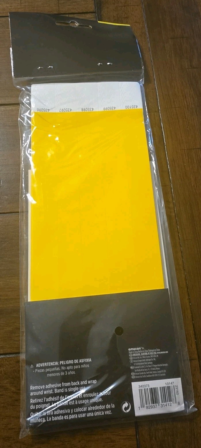 100 PARTY Yellow Paper Wristbands Water Resistent Sequentially Numbered Glow