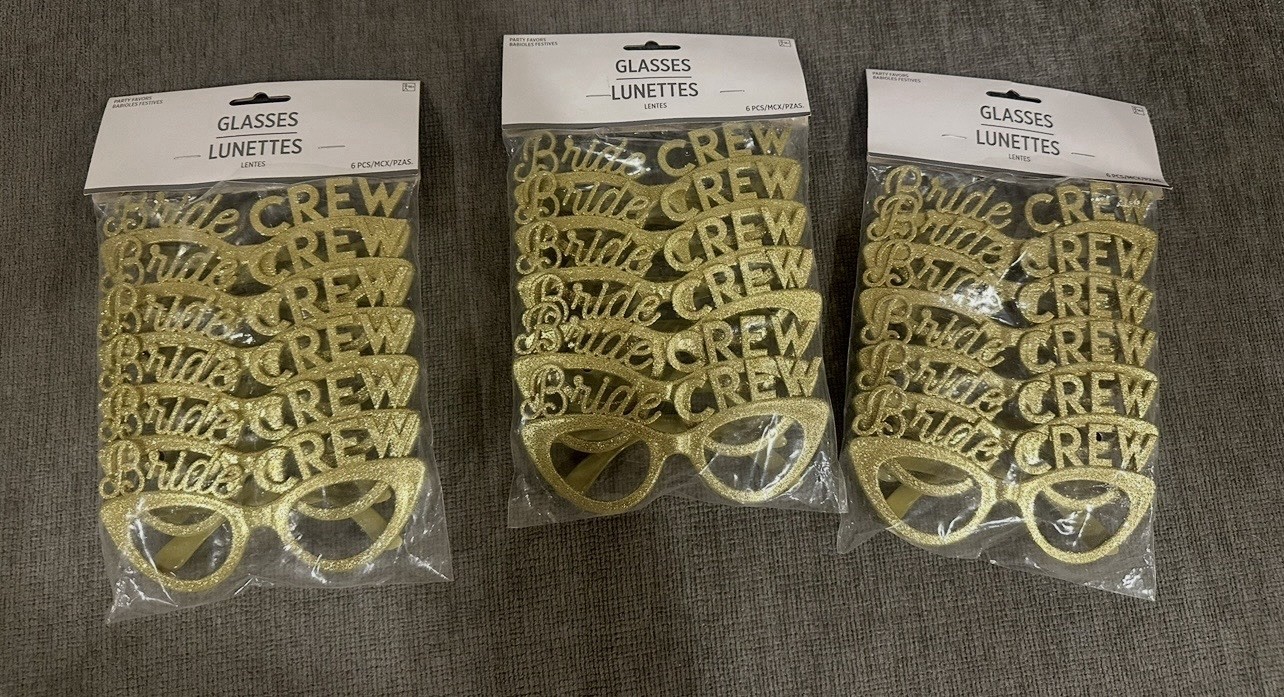 3 Packs of New Gold Sparkly Bride Crew Glasses Bachelorette Party Bridal Shower