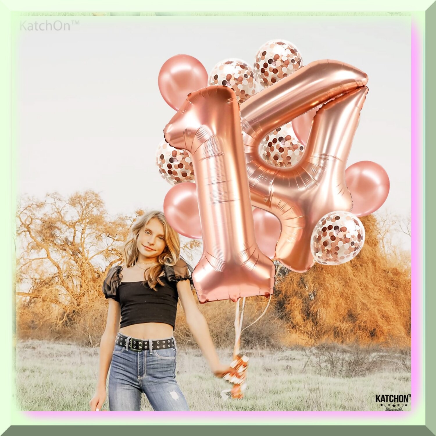 Rose Gold Glitter Number 14 Balloon Set for Party Decorations