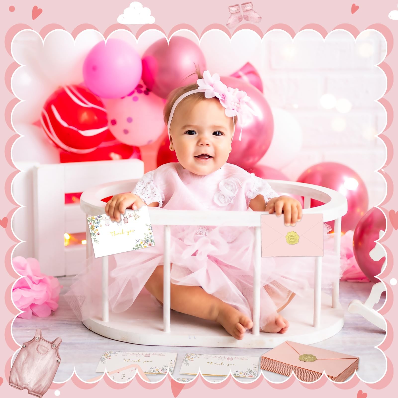 Thboxes 50 Pack Pink Baby Shower Thank You Cards with 6 x 4 inches,