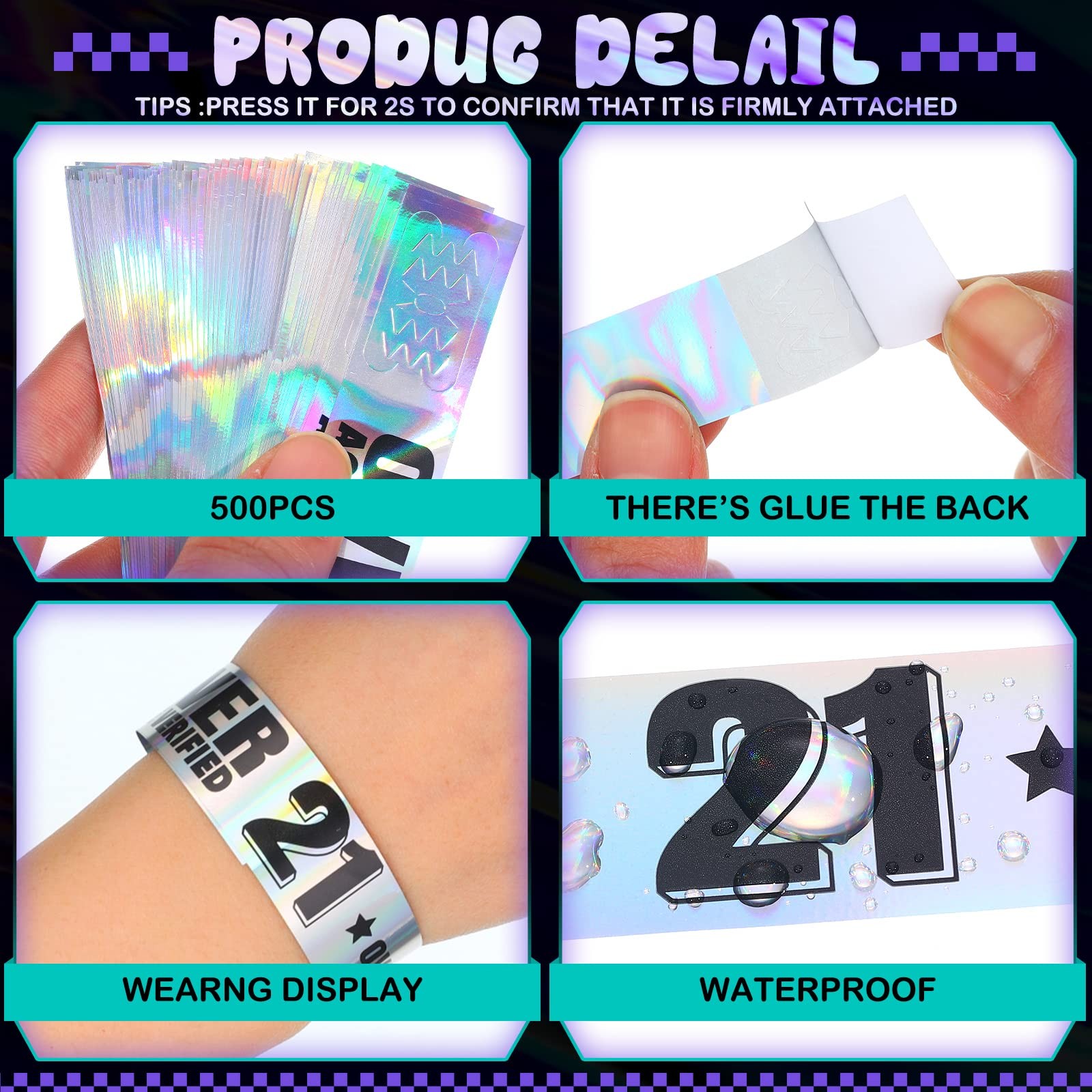 500 Pcs Over 21 Wristbands Holographic Events Wristbands Plastic Party Bracel…