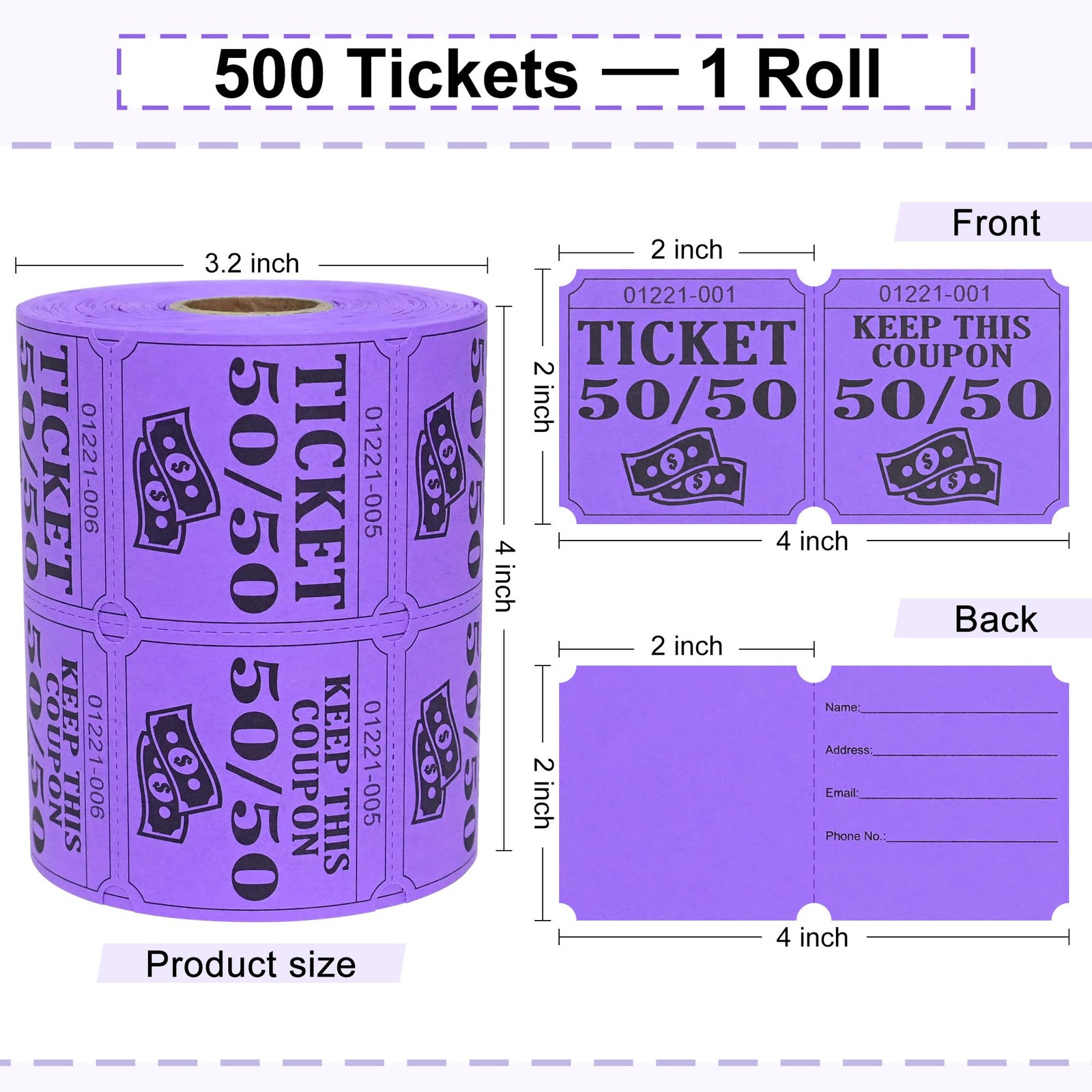 500 Double Roll Raffle Tickets, 50/50 Raffle Cards, Entry Form with Name, Add…